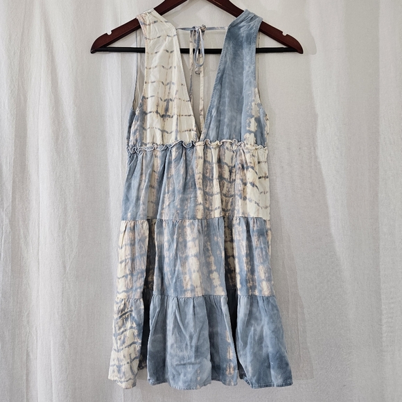 Millibon V-Neck Tie-Dye Tiered Mini Dress in Blue/Cream/Off-White Women’s Size S - Picture 5 of 7